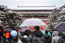 故宫景区爆满 游人为赏紫禁城雪景不畏大雪排长队